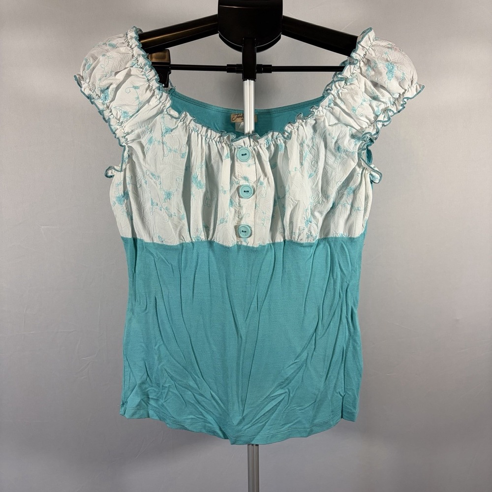 VTG Y2K Womens 1X Teal Babydoll Stretch Button Cap Sleeve Shirt Soft Girl Fairy
